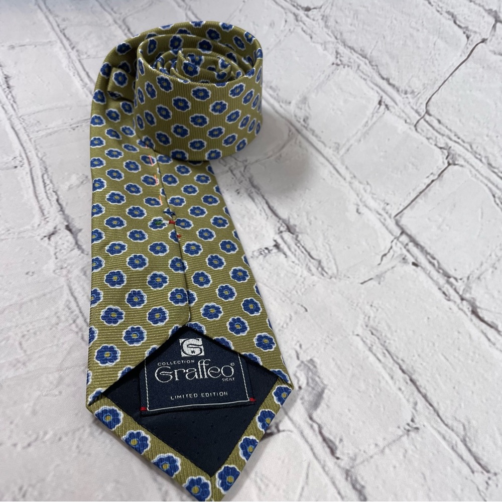 Graffeo Sicily Limited Edition Green Blue Floral Print Silk Tie